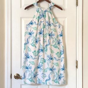 Charlie Paige Floral Linen Blend Sleeveless Halter Neck Mini Dress White Blue L